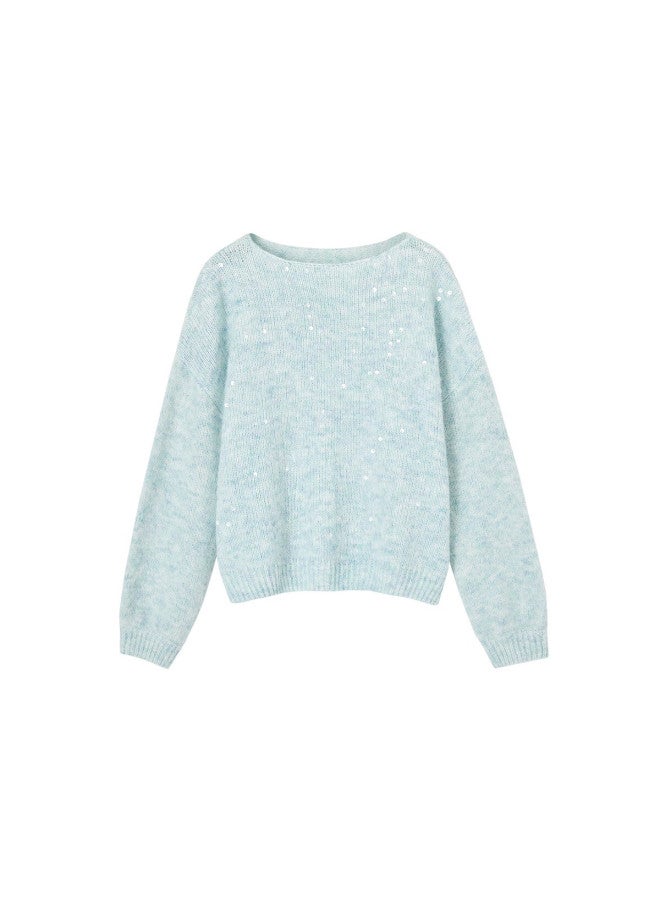 Mt Autumn Elegant Sequin Crew Neck Knit Sweater With Fluffy Wool, Soft And Loose Fit Women's Top - Image 5