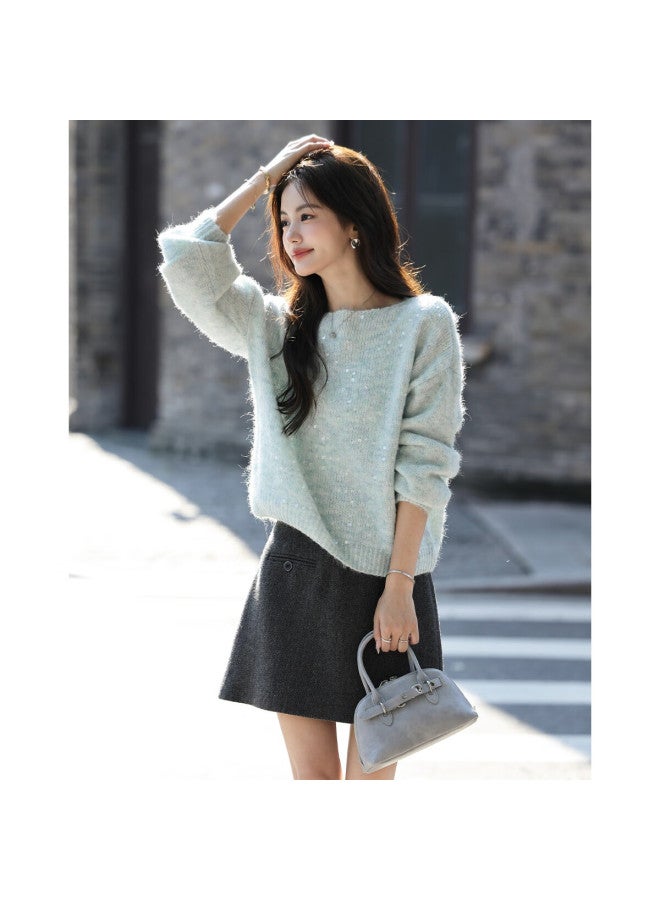 Mt Autumn Elegant Sequin Crew Neck Knit Sweater With Fluffy Wool, Soft And Loose Fit Women's Top - Image 1