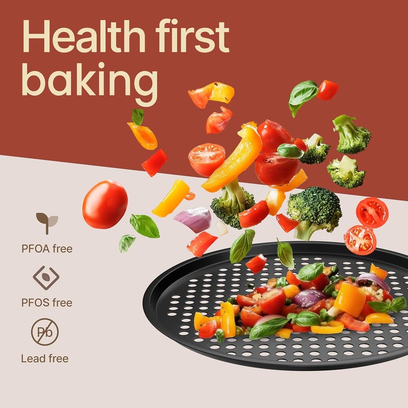 BAKKENMASTER Bakken- Swiss Non-Stick Pizza Pan with Holes - 13-Inch Perforated Pizza Crisper Carbon Steel Pizza Pan - 2 Round Pizza Trays with Silicone Handles PFOA PFOS and PTFE Free - Image 5