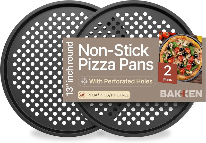 BAKKENMASTER Bakken- Swiss Non-Stick Pizza Pan with Holes - 13-Inch Perforated Pizza Crisper Carbon Steel Pizza Pan - 2 Round Pizza Trays with Silicone Handles PFOA PFOS and PTFE Free - Image 1