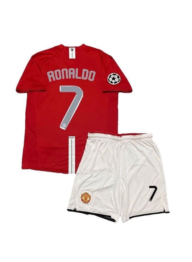 2007-2008 مانشستر يونايتد المنزل الرجعية لكرة القدم موحدة دوري ابطال اوروبا # 7 رونالدو الأطفال كرة القدم جيرسي مجموعة تي شيرتات قصيرة للأطفال هدية للجماهير والأصدقاء - Image 1