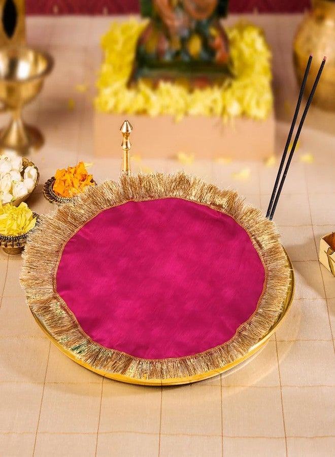 SEER قماش SEER Pooja لغطاء صينية الماندير، غطاء صينية حريري مزين بدانتيل غوتا ذهبي، قماش دائري مقاس 18 بوصة للزينة، قماش وردي للمذبح للعبادة، عبوة من قطعتين (وردي) - Image 1