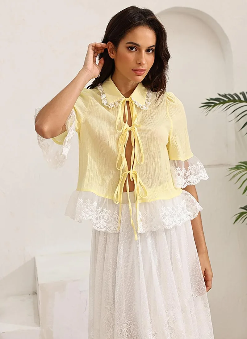 YUNIQEE Yellow Shirt Collar Short Sleeves Shirt Style Top