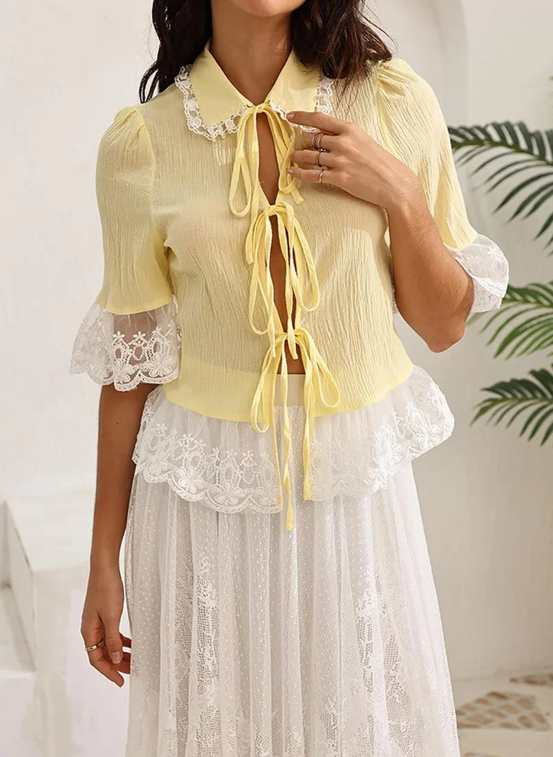 YUNIQEE Yellow Shirt Collar Short Sleeves Shirt Style Top