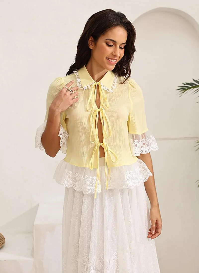 YUNIQEE Yellow Shirt Collar Short Sleeves Shirt Style Top