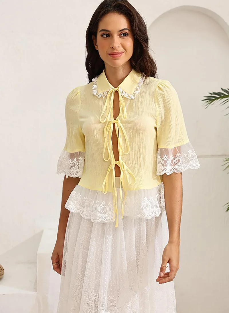 YUNIQEE Yellow Shirt Collar Short Sleeves Shirt Style Top