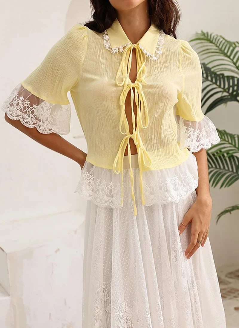 YUNIQEE Yellow Shirt Collar Short Sleeves Shirt Style Top