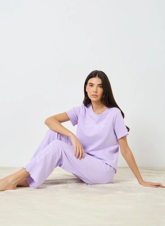 Take Two Take Two Lettuce Edge Embroidered T-Shirt and Pyjama Set