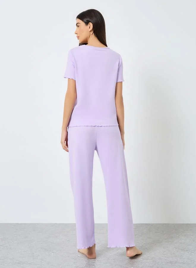 Take Two Take Two Lettuce Edge Embroidered T-Shirt and Pyjama Set
