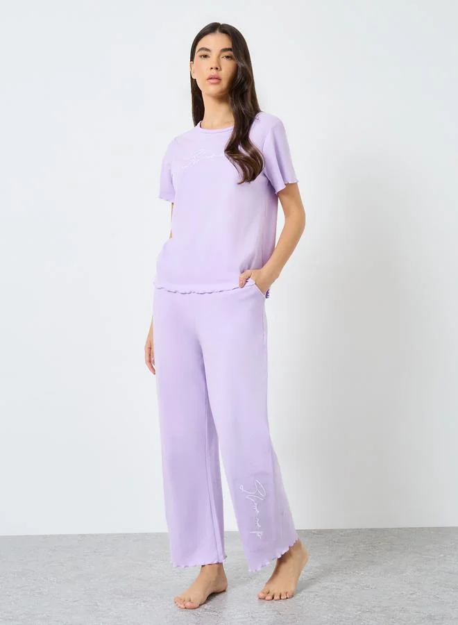 Take Two Take Two Lettuce Edge Embroidered T-Shirt and Pyjama Set