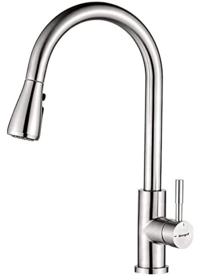 Generic - Ibergrif  M22137 Kitchen Sink Taps Mixer With Pull Out Spray, High Arc With Dual Spray Mode, Single Handle Lever With Uk Standard Fittings, Grey, Chrome - Image 1