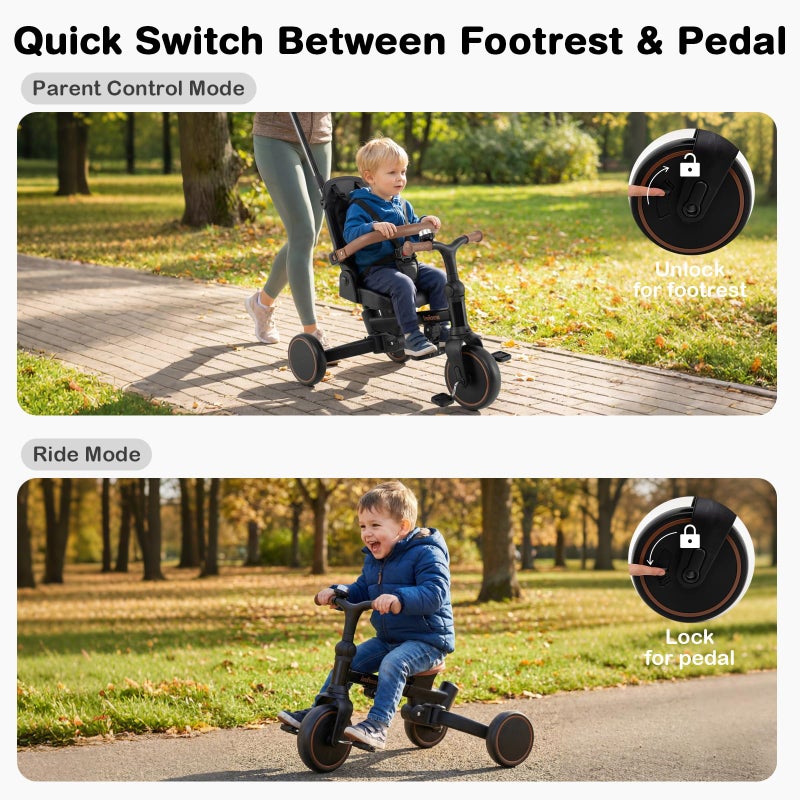 INFANS 9-in-1 Foldable Toddlers Tricycle, Converts Stroller to Balance Bike with Adjustable Push Handle, Canopy & Backrest, Pedal Conversion, Retractable Rear Wheels for 1-6 Years (Black) - Image 5