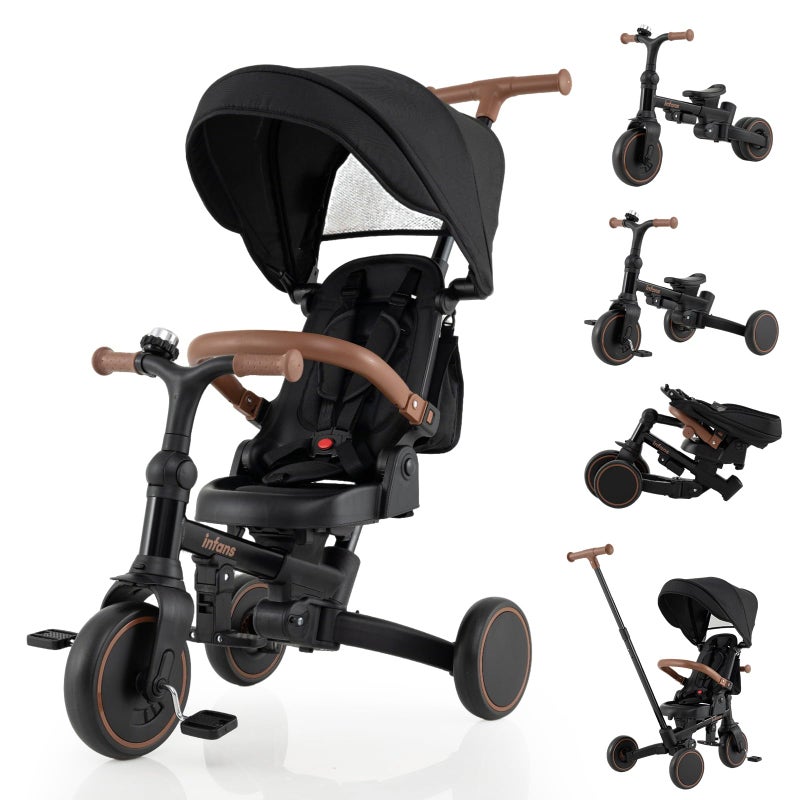 INFANS 9-in-1 Foldable Toddlers Tricycle, Converts Stroller to Balance Bike with Adjustable Push Handle, Canopy & Backrest, Pedal Conversion, Retractable Rear Wheels for 1-6 Years (Black) - Image 1