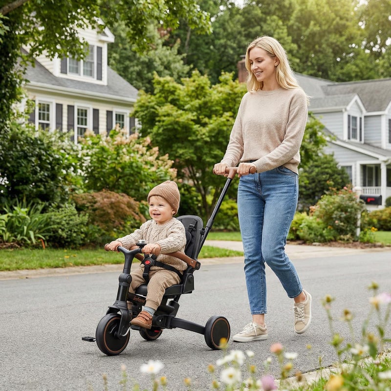 INFANS 9-in-1 Foldable Toddlers Tricycle, Converts Stroller to Balance Bike with Adjustable Push Handle, Canopy & Backrest, Pedal Conversion, Retractable Rear Wheels for 1-6 Years (Black) - Image 2