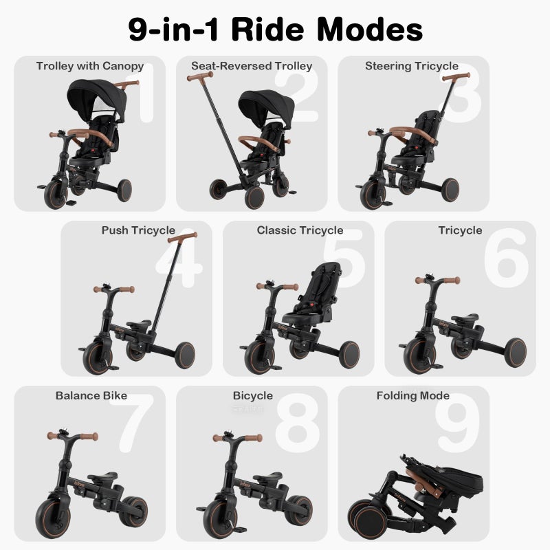 INFANS 9-in-1 Foldable Toddlers Tricycle, Converts Stroller to Balance Bike with Adjustable Push Handle, Canopy & Backrest, Pedal Conversion, Retractable Rear Wheels for 1-6 Years (Black) - Image 3