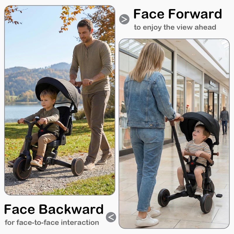 INFANS 9-in-1 Foldable Toddlers Tricycle, Converts Stroller to Balance Bike with Adjustable Push Handle, Canopy & Backrest, Pedal Conversion, Retractable Rear Wheels for 1-6 Years (Black) - Image 4