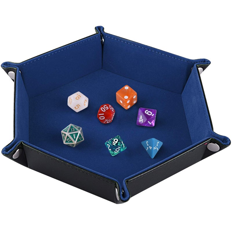 صينية نرد مزدوجة الجوانب قابلة للطي سداسية الشكل من جلد PU ومخمل لحامل النرد لألعاب Dungeons and Dragons RPG وألعاب الطاولة الأخرى باللون الأزرق