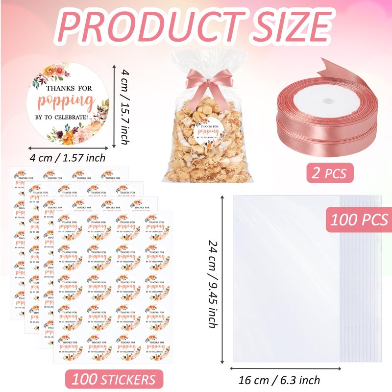 Adodotoe 100 Sets Popcorn Favor Bags Thanks for Popping by Stickers Popcorn Party Favors Wedding Baby Shower Thank You Tags Clear Goodie Bag Favor Sticker for Crafts Gift - Image 2
