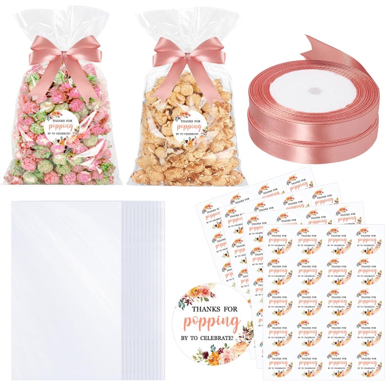 Adodotoe 100 Sets Popcorn Favor Bags Thanks for Popping by Stickers Popcorn Party Favors Wedding Baby Shower Thank You Tags Clear Goodie Bag Favor Sticker for Crafts Gift - Image 1