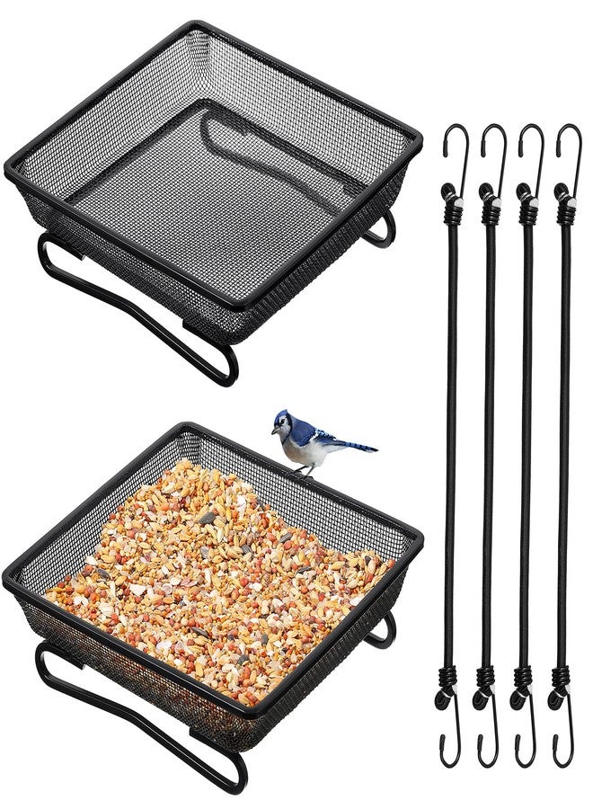 Cunhill 2 Pieces 7 x 7 x 2.7 Inch Metal Ground Bird Feeder Compact Platform Bird Seed Tray and 4 Pieces Elastic Rope for Outdoor Dove Birds or Squirrels Garden Decoration (Black) - Image 2