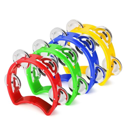 Flexzion Half Moon Musical Tambourine Set of 4 Red Yellow Blue Green Double Row Metal Jingles Hand Held Percussion Drum with Ergonomic Handle Grip - Image 1