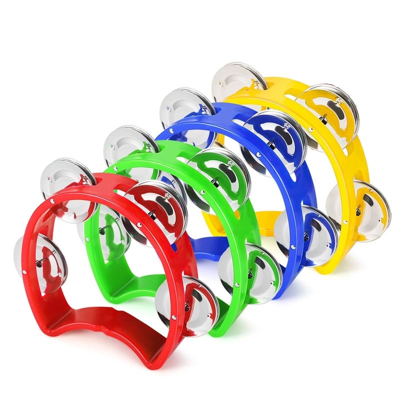 Flexzion Half Moon Musical Tambourine Set of 4 Red Yellow Blue Green Double Row Metal Jingles Hand Held Percussion Drum with Ergonomic Handle Grip - Image 2