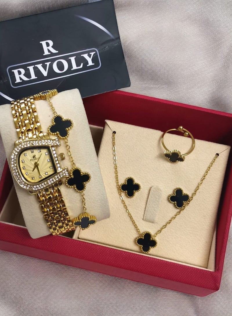 ريفولي طقم نسائي أنيق من الفولاذ المقاوم للصدأ يتكون من ساعة مقاومة للماء مع مجموعة من الأساور والخواتم والقلائد والأقراط - Image 1