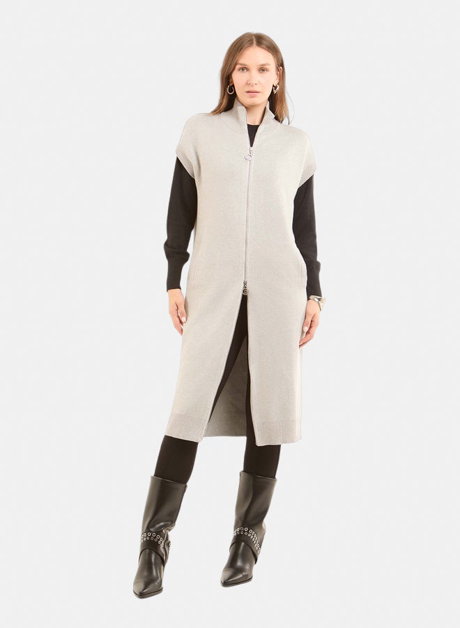 Dalydress Women Double Knit Long Cardigan With Shiny Trims Lt.Grey - Image 5