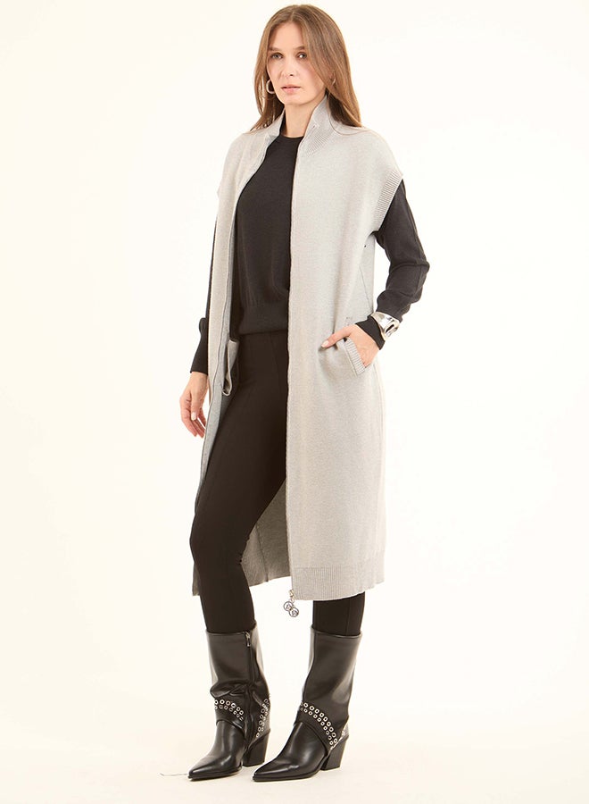 Dalydress Women Double Knit Long Cardigan With Shiny Trims Lt.Grey - Image 2