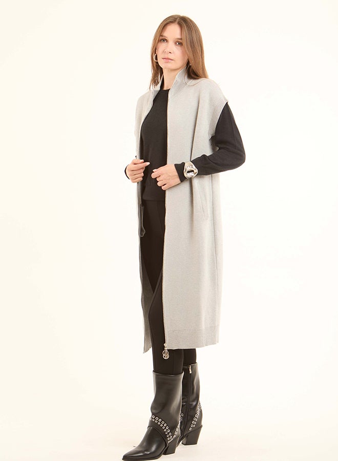 Dalydress Women Double Knit Long Cardigan With Shiny Trims Lt.Grey - Image 3