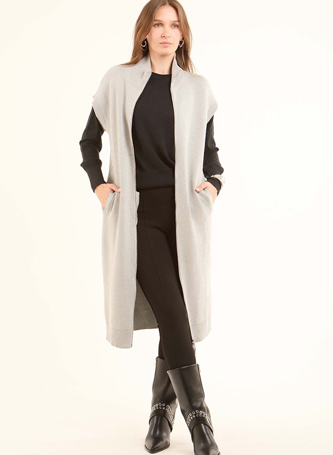 Dalydress Women Double Knit Long Cardigan With Shiny Trims Lt.Grey - Image 1