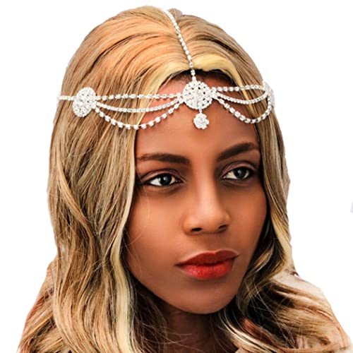Jovono Rhinestone Head Chain Silver Bride Wedding Headpieces Floral Hair Chain Festival Costume Hair Accessories for Women and Girls (Set-4) - Image 1
