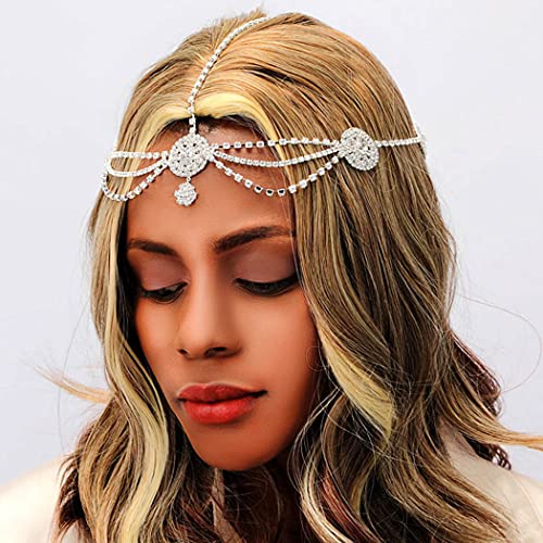 Jovono Rhinestone Head Chain Silver Bride Wedding Headpieces Floral Hair Chain Festival Costume Hair Accessories for Women and Girls (Set-4) - Image 3