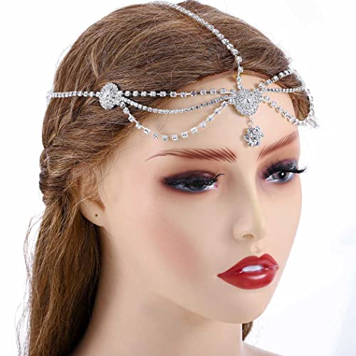 Jovono Rhinestone Head Chain Silver Bride Wedding Headpieces Floral Hair Chain Festival Costume Hair Accessories for Women and Girls (Set-4) - Image 5