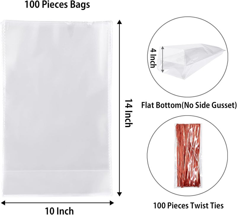 Morepack Flat Bottom Cellophane Bags,100Pcs 10x4x14 Inches Clear Flat Bottom Cello Treat Cellophane Gift Bags with Twist Ties,for Cookie, Candy (No Side Gusset) - Image 2
