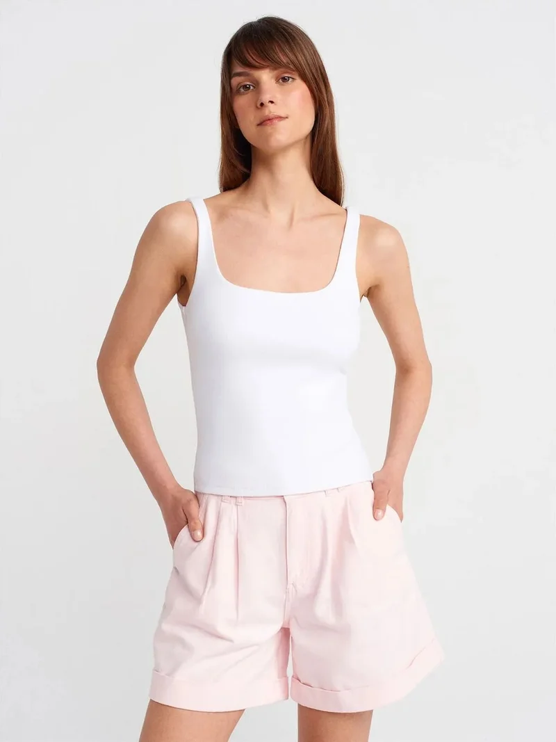 ديلفين Dilvin Ribbed Square-neck Sleeveless Blouse