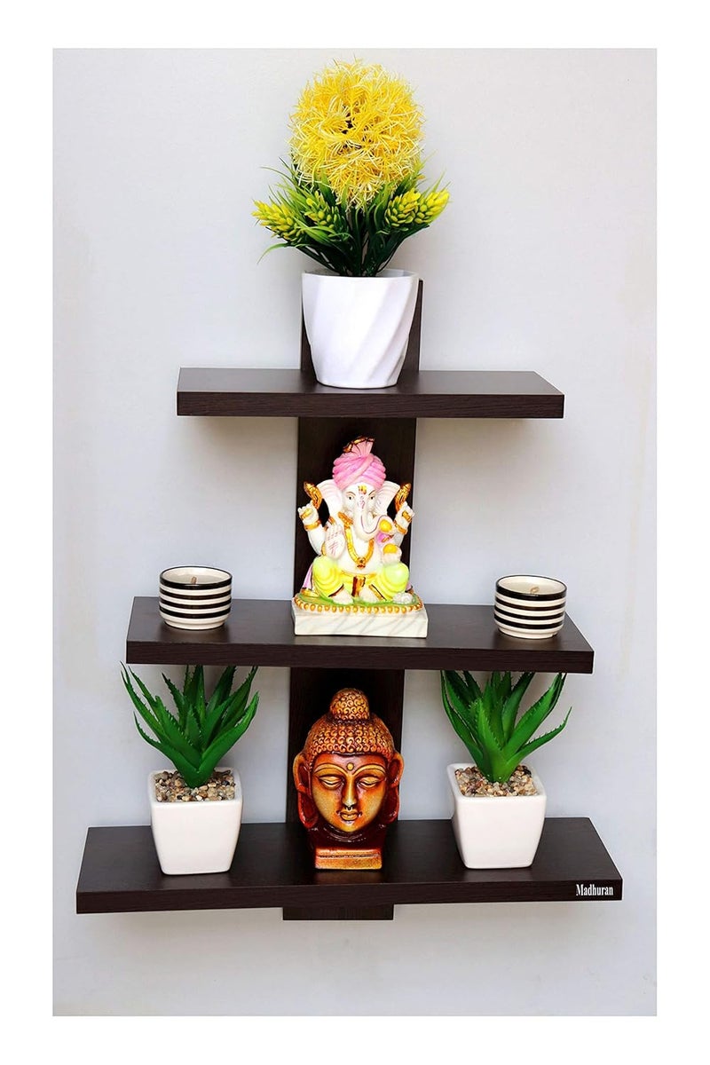 Madhuran Engineered Wood Wall Mounted Decorative Shelf Tier 3 Matte Wenge Home Decorative Shelf Wall Shelves for Living Room Bedroom Study Room Balcony Garden