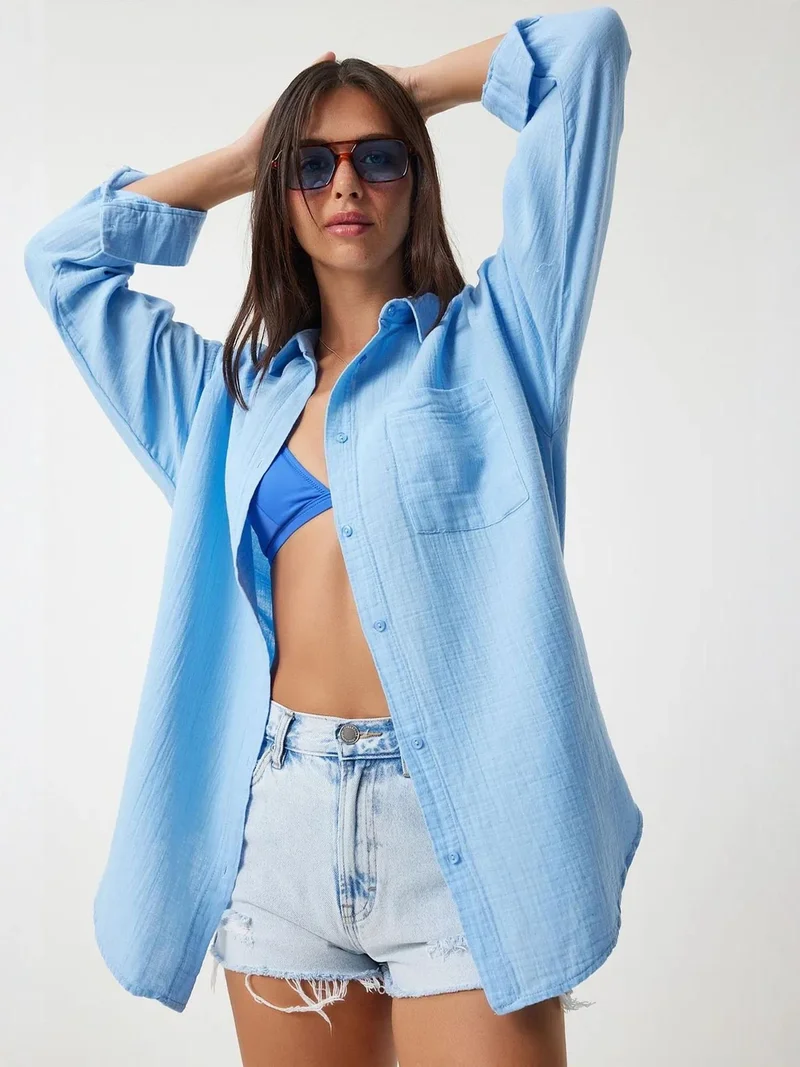 Happiness İstanbul ISTANBUL Oversized Textured Cotton Shirt with Pocket