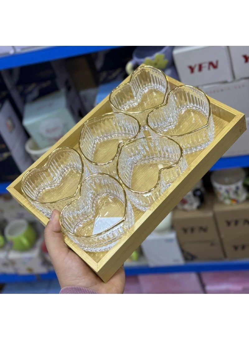 طقم خشاف 7 * 1  طقم قلب ومكسرات  1 صنيه تقديم خشب + 6 بولة قلب  حرف دهبي زجاج مضلع  شكل جديد - Image 1
