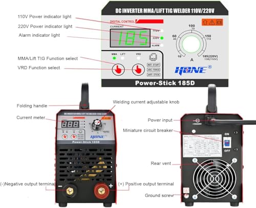 HONE ARC Welder, Actual 185Amp 110V/220V Stick Welder with Lift Tig Function, Digital IGBT Inverter Welding Machine with Hot Start Arc Force Anti-Stick VRD, High Duty Cycle for 1/16"-5/32" Welding Rod - Image 5