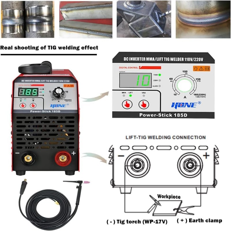 HONE ARC Welder, Actual 185Amp 110V/220V Stick Welder with Lift Tig Function, Digital IGBT Inverter Welding Machine with Hot Start Arc Force Anti-Stick VRD, High Duty Cycle for 1/16"-5/32" Welding Rod - Image 3