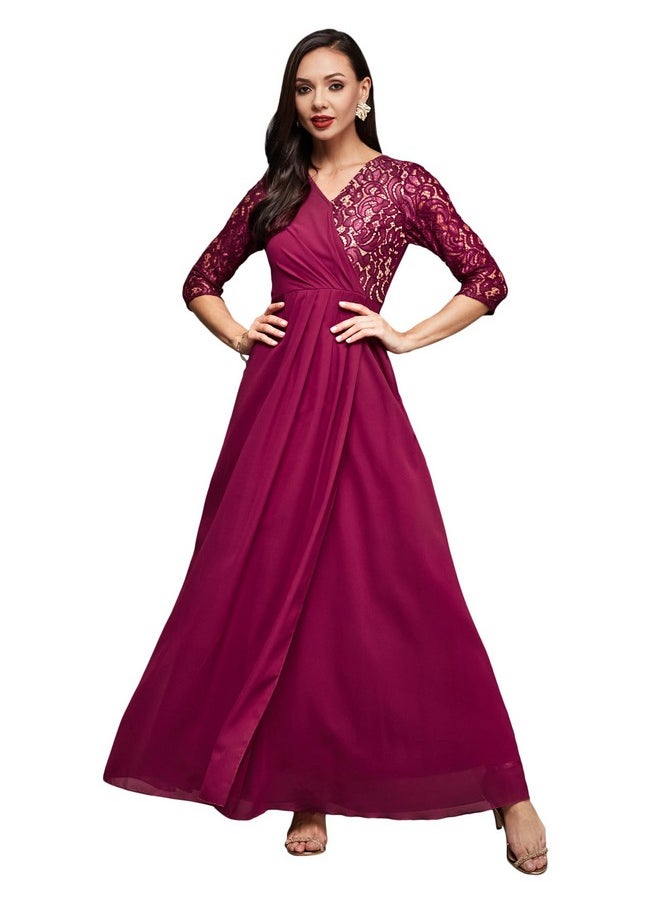 Miss Chase - Miss Chase Women's V-Neck Three-Quarter Sleeve Self-Designed Wrap Maxi Georgette Dress (MCSS23D98-60-23-03, Dark Pink, S) - Image 1