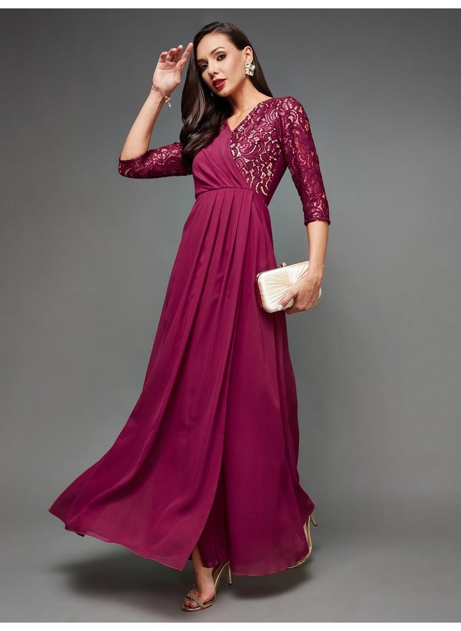 Miss Chase - Miss Chase Women's V-Neck Three-Quarter Sleeve Self-Designed Wrap Maxi Georgette Dress (MCSS23D98-60-23-03, Dark Pink, S) - Image 1