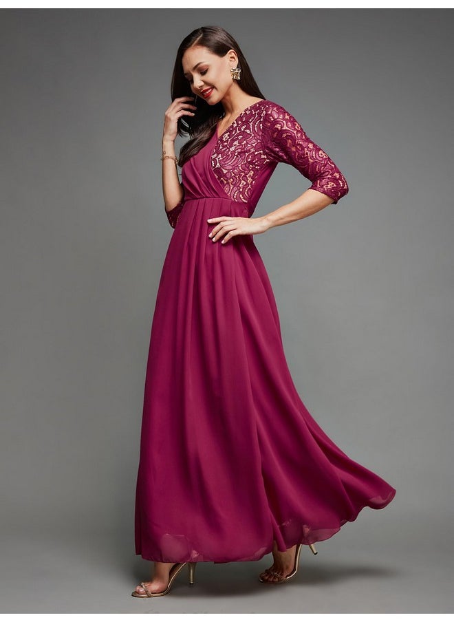 Miss Chase - Miss Chase Women's V-Neck Three-Quarter Sleeve Self-Designed Wrap Maxi Georgette Dress (MCSS23D98-60-23-03, Dark Pink, S) - Image 1