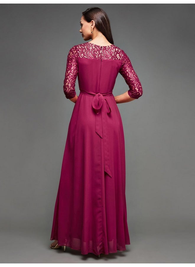 Miss Chase - Miss Chase Women's V-Neck Three-Quarter Sleeve Self-Designed Wrap Maxi Georgette Dress (MCSS23D98-60-23-03, Dark Pink, S) - Image 1