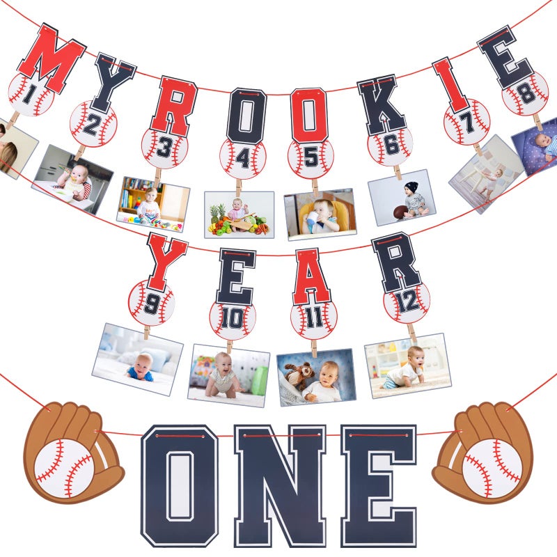 Geyee 2 Pcs 1st Monthly Photo Baseball Birthday Banner Rookie of the Year 1st Birthday Banner Year Picture One High Chair Sports Party Supplies Shower Decorations - Image 3