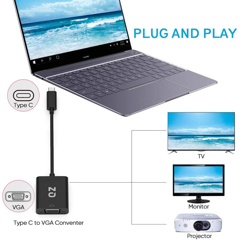 QZ Type C to VGA Converter, USB C to VGA for USB-C Phone Laptop and PC 1920x1200 60Hz [Thunderbolt-3 Compatible] - Image 2