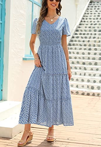 Zattcas Womens 2025 Long Summer Dress Casual Short Flutter Sleeve V Neck Smocked Waist Tiered Flowy Modest Floral Boho Maxi Dress Blue L - Image 4