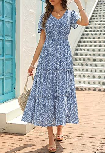 Zattcas Womens 2025 Long Summer Dress Casual Short Flutter Sleeve V Neck Smocked Waist Tiered Flowy Modest Floral Boho Maxi Dress Blue L - Image 2