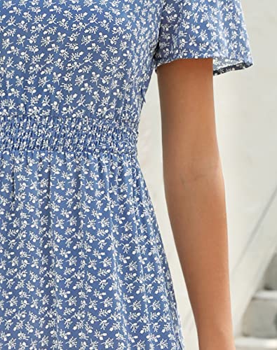 Zattcas Womens 2025 Long Summer Dress Casual Short Flutter Sleeve V Neck Smocked Waist Tiered Flowy Modest Floral Boho Maxi Dress Blue L - Image 5